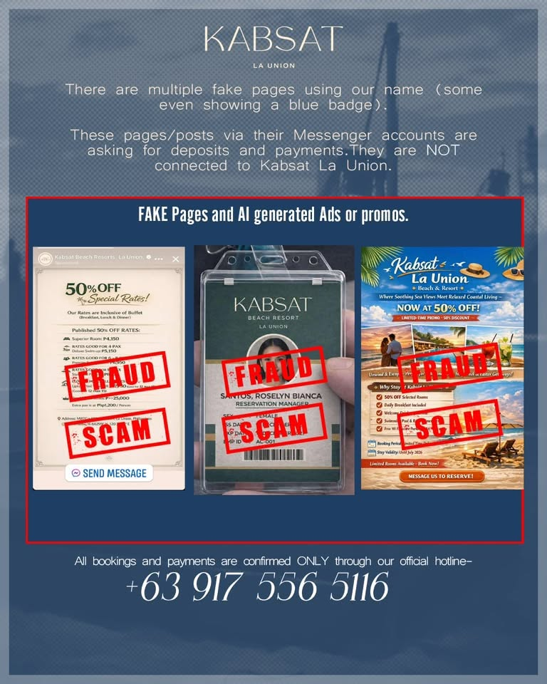Official Kabsat La Union warning: fake pages and AI-generated ads marked FRAUD and SCAM