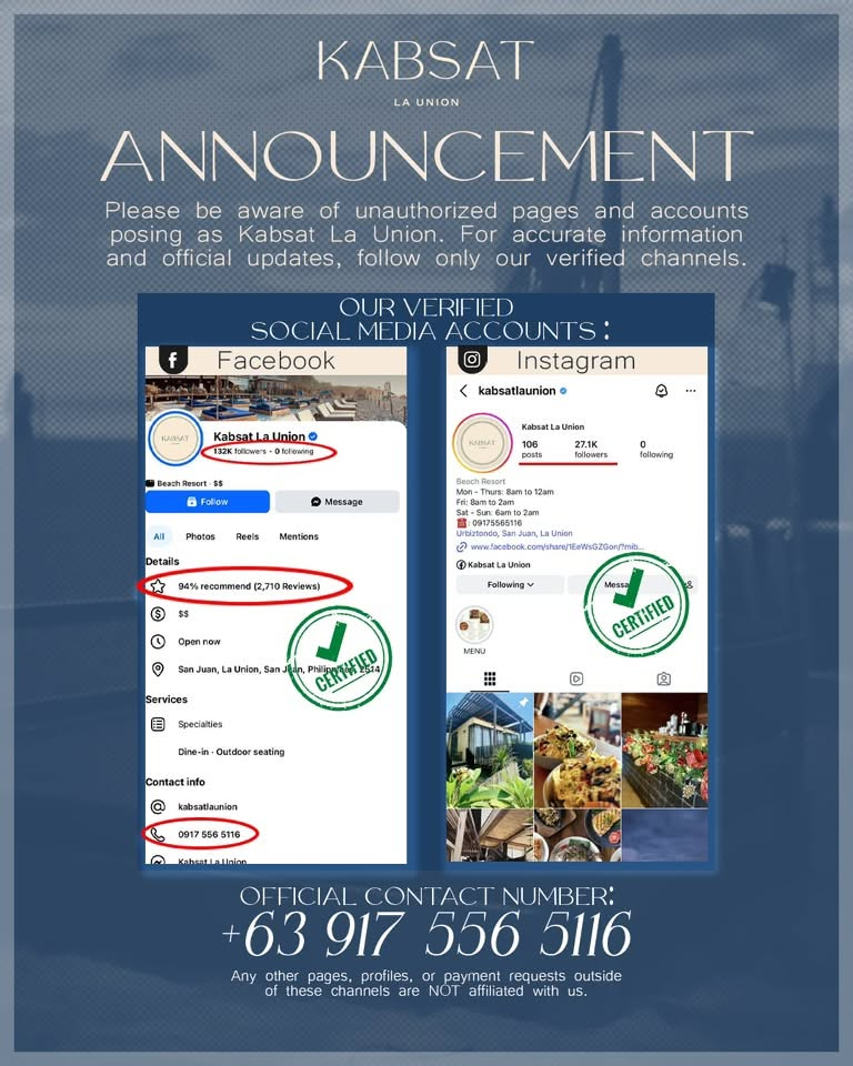 Official Kabsat La Union announcement showing verified Facebook and Instagram accounts