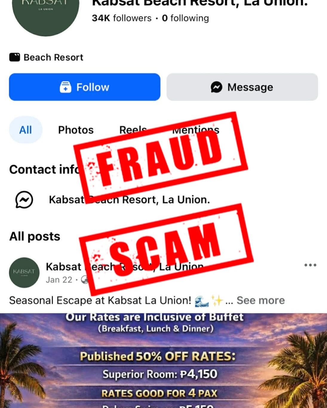 Fake Facebook page "Kabsat Beach Resort, La Union" with 34K followers — marked FRAUD and SCAM