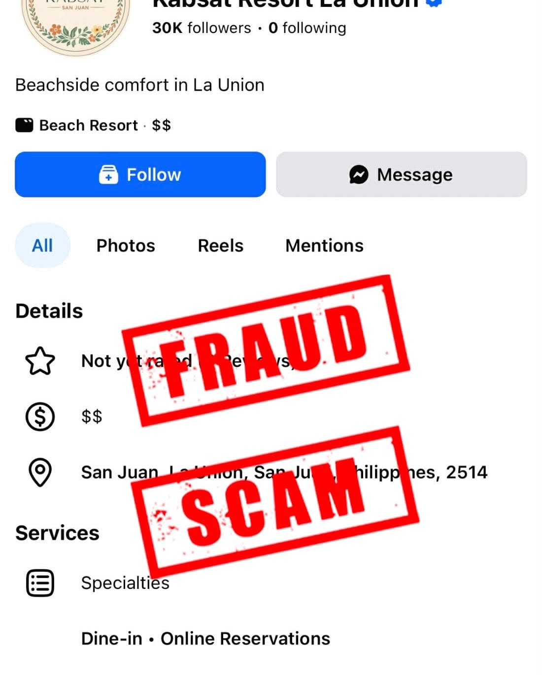 Fake Facebook page "Kabsat Resort La Union" with 30K followers and blue badge — marked FRAUD and SCAM