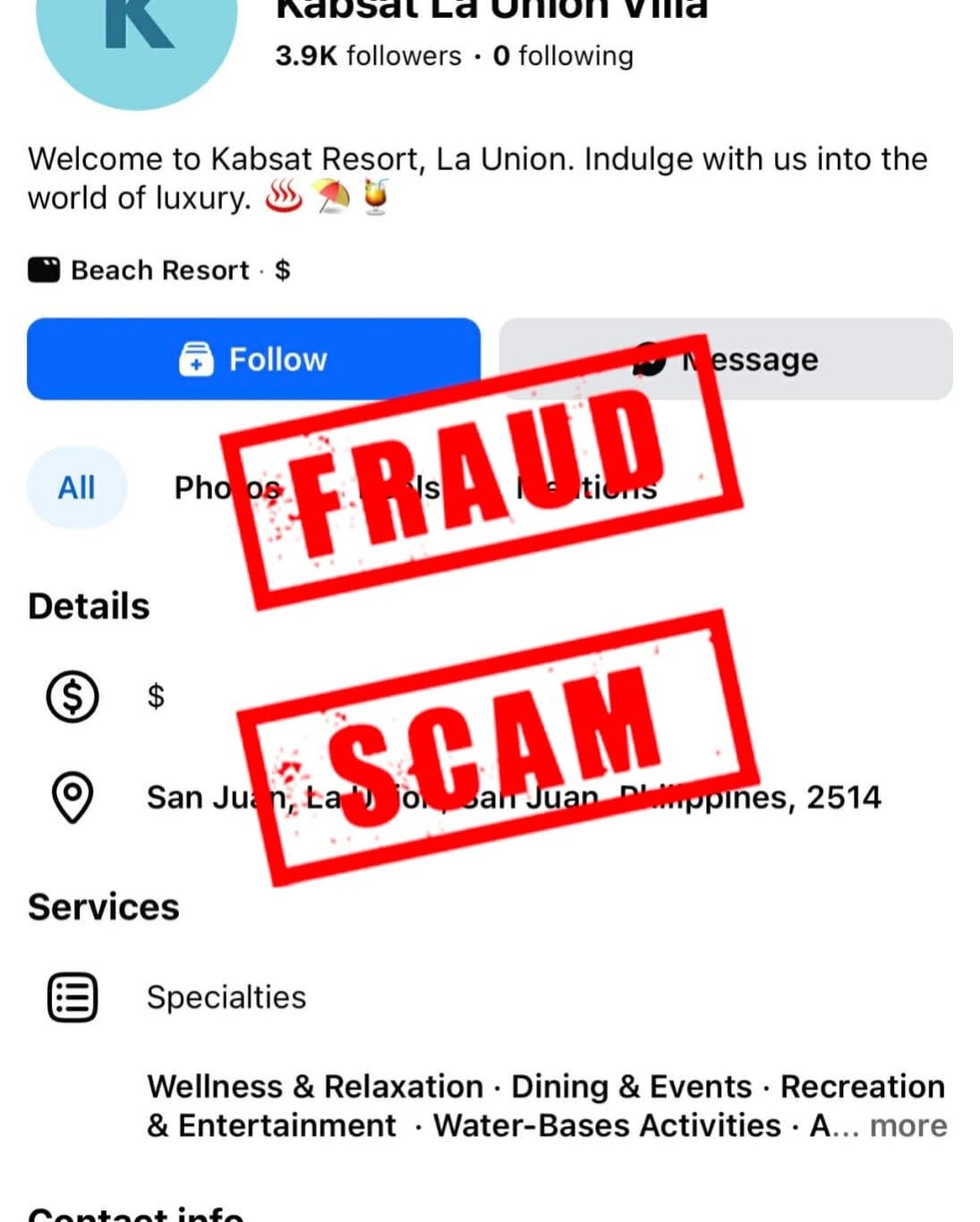 Fake Facebook page "Kabsat La Union Villa" with 3.9K followers — marked FRAUD and SCAM