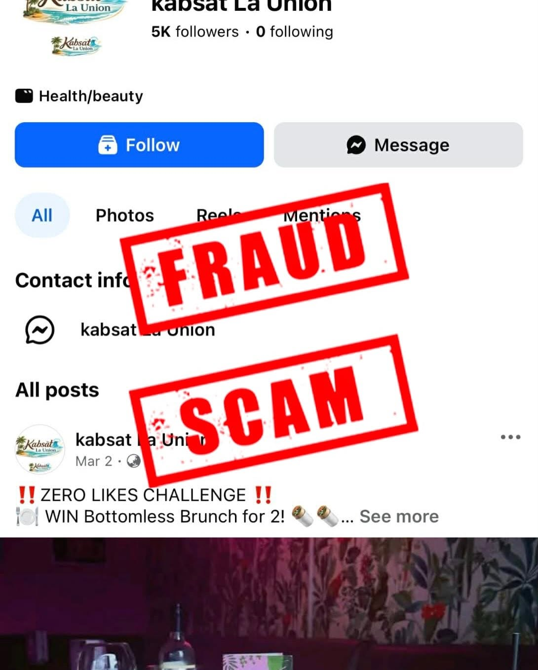 Fake Facebook page "kabsat La Union" with 5K followers — marked FRAUD and SCAM
